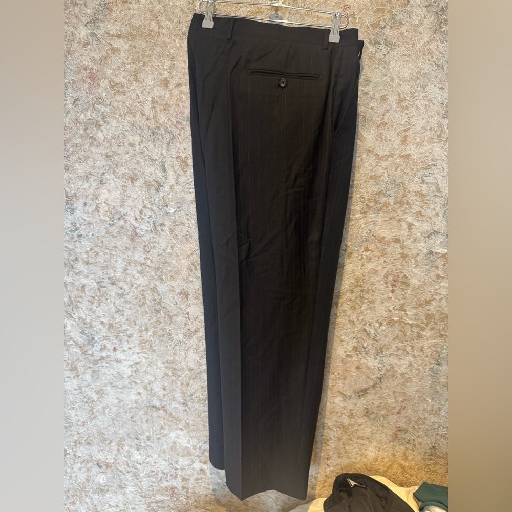 Mens Black Pant Suit 100% Wool Dark Grey Blue Stripes